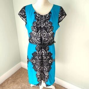 SHELBY AND PALMER BELTED DRESS CAPPED SLEEVE BLUE BLACK AND CREAM PLUS SIZE 14
